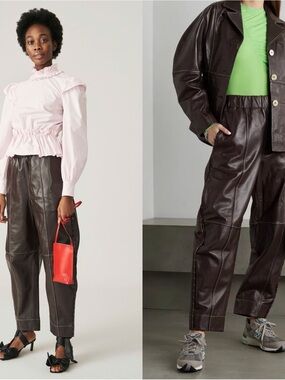 Ganni Mid Rise Wide Leg Barrel Lamb Leather Mole Brown Pants Size S